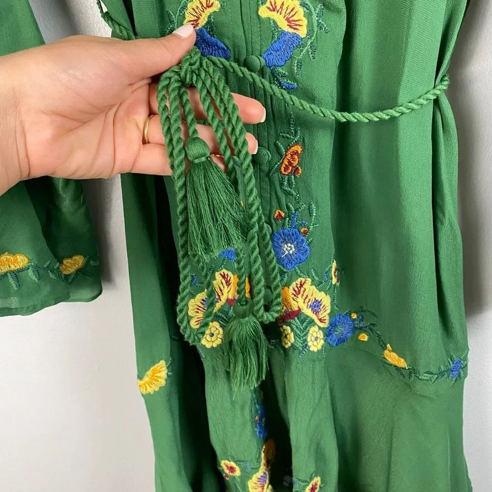 Farm Rio Jessalyn Embroidered Floral Belted Dress Green - Picture 10 of 12